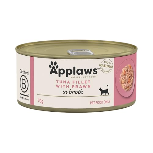Image of Applaws Natural Premium Wet Cat Food for Adult Cats, Tuna Fillet and Prawns in Broth Pack of 4 x 70g Cans