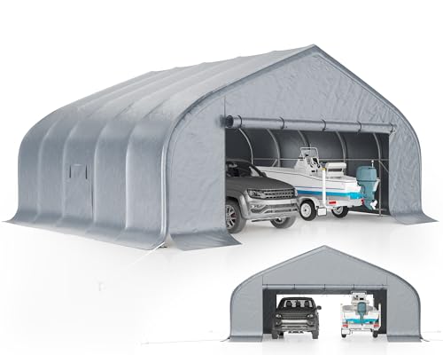 AMERLIFE 22.5 x 20FT Heavy Duty Double Carport, Galvanized Steel Frame Garage Shelter,Outdoor Storage, Waterproof 3-Layer PE Cover, Fits 2 Cars, Boat, Farm Equipment, Silver Grey