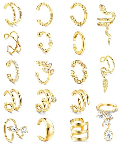 HAIAISO 18 Pcs Ear Cuff Earrings for Women 14K Gold Plated Ear Cuffs Non Piercing Adjustable Ear Cuff Earring Clip On Cartilage Helix Wrap Ear Jewelry Sets