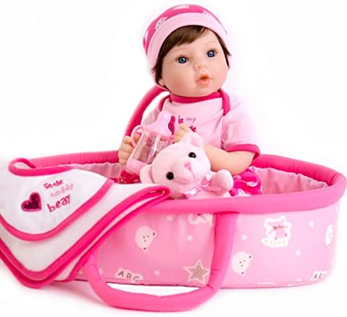 Aori Lifelike Reborn Baby Dolls Pink Bassinet 18 inch Realistic Newborn Girl Doll in Soft Vinly and Weighted Body with 9-Piece Gift Set
