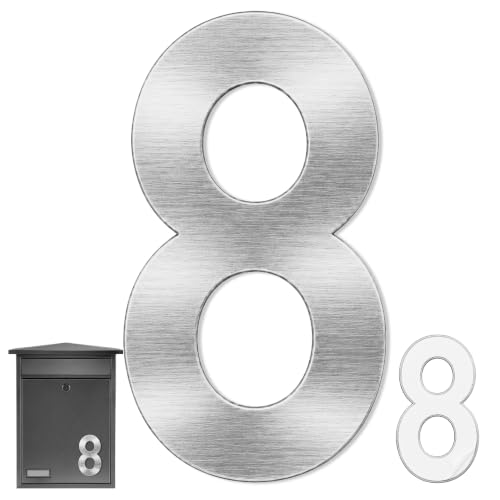 Numero 8 casa, Número ocho hogar, Número 8 para puerta, Número para pared, Número 8 buzón, Acero inoxidable 304, 102 mm alto x 65 mm ancho, Adhesivo, Plateado