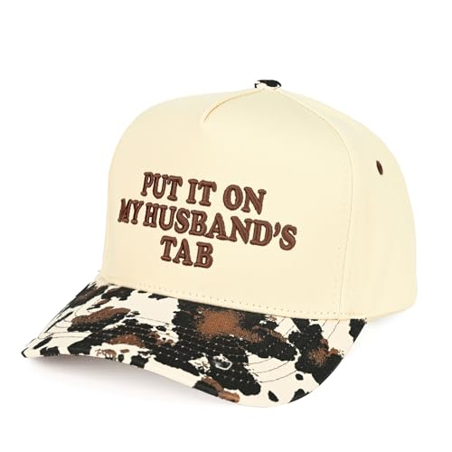 Premium Embroidered Trucker Hat Collection | Vintage Adjustable Snapback Baseball Hats for Men & Women (US Alpha One Size Put It On My Husbands Tab | Cow/Natural)