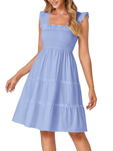 Image of Rooscier Women's Square Neck Smocked Ruffle Sleeveless Tiered A Line Sundress Mini Dress
