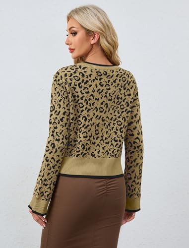Image of Ythomm Women Leopard Print Bow Tie Cardigan Sweaters Long Sleeve Crewneck Open Front Knit Cardigan Coats Casual Loose Outwear Apricot