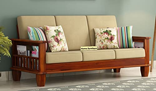 Top 10 Best Sofa Sets In India | Best Sofa Set 5, 3 Seaters 32 Home furniture Wooden 3 Seater Sofa Set for Living Room and Office (Cream Colour Cushion,Teak Finish) 3-Person Sofa