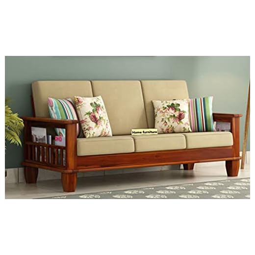 Home furniture Wooden 3 Seater Sofa Set for Living Room and Office (Cream Colour Cushion,Teak Finish) 3-Person Sofa