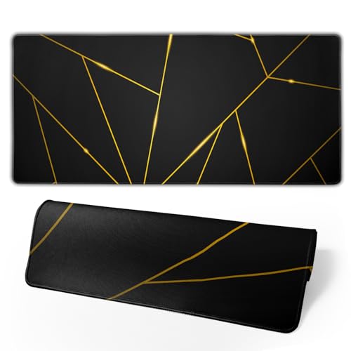 Image of Gaming Mouse Pad 35.4�15.7 Inch XXXL with Stitched Edges Extended Waterproof Gold Line Black Geometric Desk Pads Non-Slip Rubber Base Large Keyboard Mat Computer Gaming Mousepad for Work /Office /Home