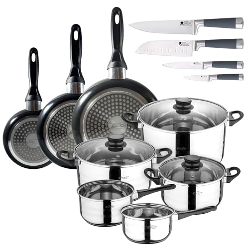 San Ignacio Set de 3 sartenes 16-20-24 cm en aluminio prensado + Batería de Cocina 8 Piezas: 2...