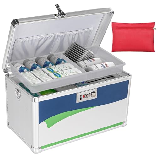 Medication Lock Box, 11.2x7.6x7.6 Inch Aluminum Alloy Medication Safe, First Aid Box with Detachable Tray & Travel Pouch, Childproof & Privacy Medicin