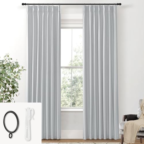 Image of SHINELAND 108 Inch Pinch Pleated Linen 100% Blackout Curtains with Hooks 2 Panels,Thermal Insulated Curtain Drapes for Living Room Bedroom,Light Grey