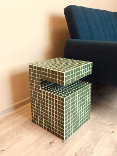 Ora Mundo Handmade Mosaic Tile C-Shaped Side Table - Pre-Assembled, Heavy Duty 40 lb Green Glass Tile End Table & Coffee Table - Recycled Materials Retro Decor for Living Room, Bedside & Patio