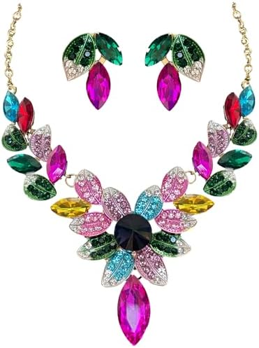 MMonesu Women Jewelry Set Rhinestone Colorful Crystal leaf shape Statement Choker Necklace Teardrop Cluster Dangle Earrings Set for Wedding Prom Party