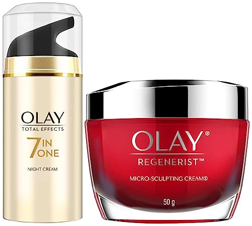 Image of Olay Day Cream Regenerist Microsculpting Moisturiser (NON SPF), 50g & Olay Night Cream Total Effects 7 in 1, Anti-Ageing Moisturiser, 50g