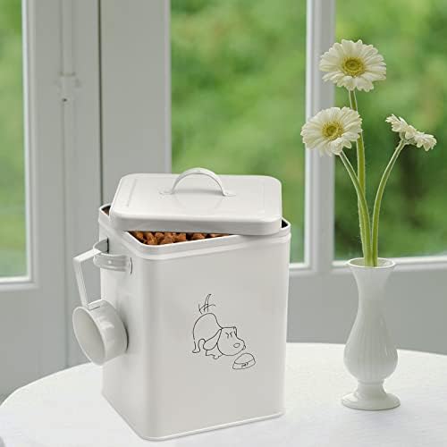 DELA DISCOUNT 41kh9DyTOeL._AC_ SOUJOY Pet Treat and Food Storage Bin with Lid and Scoop, 5LBS White Vintage Farmhouse Storage Tin, Coated Carbon Steel Canister, Gift for Dogs and Owners  