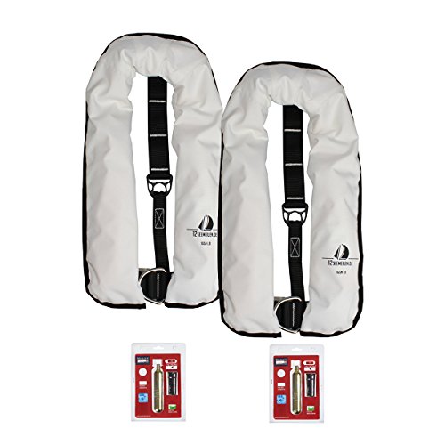 12skipper Lot de 2 Gilets de Sauvetage Automatiques ISO 165N avec Harnais, 2 Kits d'entretien Inclus, Blanc Cover