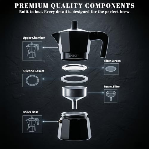 Image of AXEON Classic Moka Pot Espresso Coffee Maker - 120ml | Italian Style Mocha & Cuban Cafe Brewer | Gas & Ceramic Stovetop Compatible | Food-Grade Aluminum with Cool Touch Handle