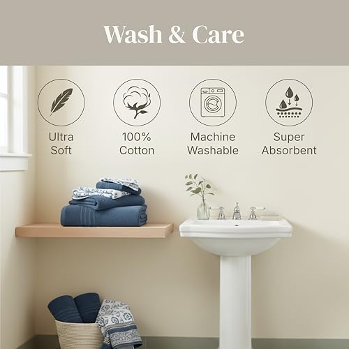 Image of Modern Threads 6 Piece Bath Towel Set - Bathroom Set with 2 Bath Towels, 2 Hand Towels, and 2 Wash Cloths - 100% Cotton, Super Absorbent & Extra Soft - Reversible Floral Trail (Navy)