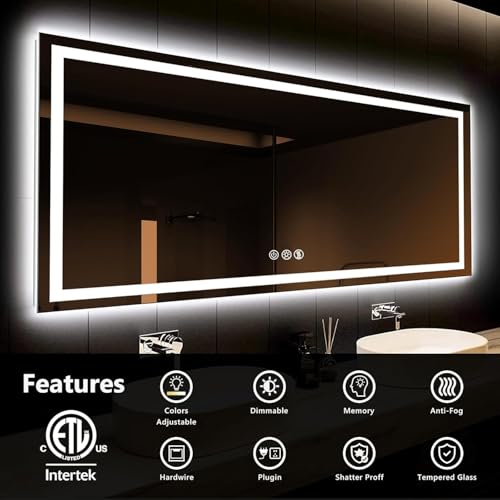 ROOMTEC 88 x 38 Inches LED Bathroom Mirror with Front and Backlit,Anti-Fog,3 Colors and Dimmable Light(Horizontal/Vertical), Silver