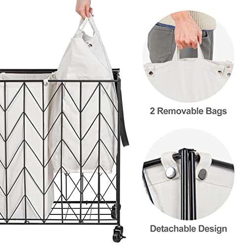 Wowlive Laundry Basket With Wheels, Heavy Duty Laundry Hamper With Wood Lid, Clothes Hamper With Divided Removable Liner Bag, Large Capacity Iron-Made Laundry Sorter Laundry Room Organization (Beige) #TOP4