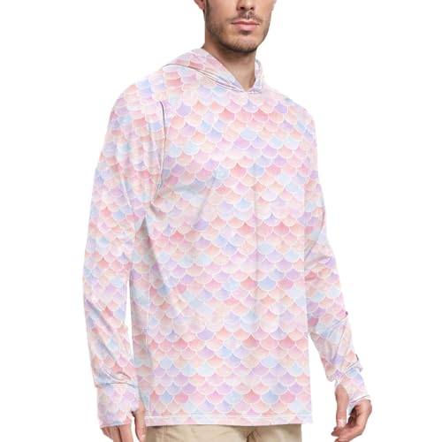 Fish Scales Pink Blue Mens Hoodie Sun Protection Long Sleeve UPF 50 Mens Sun Shirt Active Wear UV Rash Guard with Hood