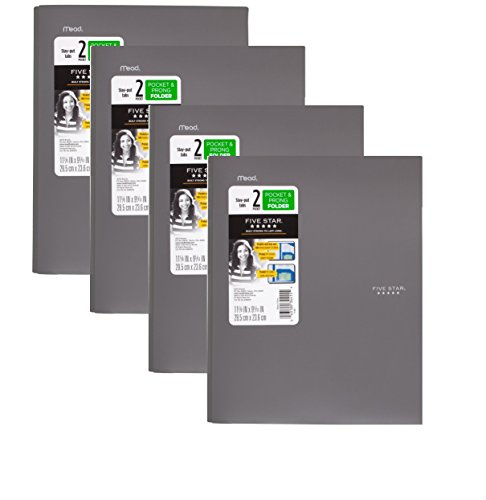 Five Star 2 Pocket Folders with Prong Fasteners, Stay-Put Folder, Folders with Pockets, Assorted Colors, 4 Pack (38064) (Gray, 4Pack)