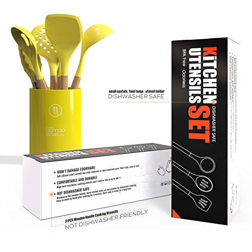 14 Pcs Silicone Cooking Utensils Kitchen Utensil Set - 446°F Heat Resistant,Turner Tongs,Spatula,Spoon,Brush,Whisk, Wooden Handles Yellow Kitchen Gadgets Tools Set For Nonstick Cookware (Bpa Free) #TOP4