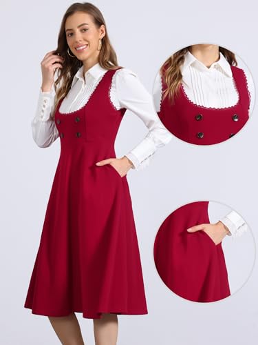 Image of Allegra K Cute Overall Dress for Women's Preppy Pinafore Midi Dresses | Gothic Style, Vintage Outfits, Lace Trim, U Neck, A-Line, Fit and Flare, Long Dresses, with Pockets