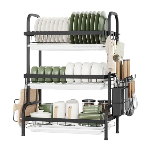 U-HOOME 3-Tier Dish Drying Stand Dish Rack Dish for Kitchen Drainers Rack Dish Drying Rack with Drip Tray for Kitchen Organizer Counte Plates Organizer with Utensil Holder Utensil Drying Stand (Black)