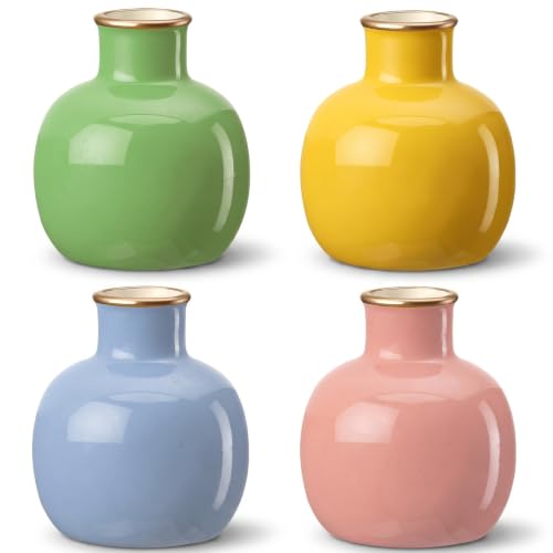 Purpeak 4 Pcs Small Ceramic Bud Vases Set Mini Boho Floral Vase with Golden Rim for Home Decor, Nordic Style Decorative Centerpiece for Wedding, Bookshelf, Table Decor Blue, Green, Pink, Yellow