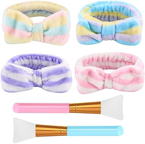 4 Pcs Bowknot Headbands, Makeup Spa Headbands, Coral Fleece Hair Bands, Coral Fleece Elastic Head Bands for Beauty Skincare Shower Mask Face Washing Woman Girls Headbands, with Silicone Brushes