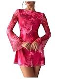 Milumia Women's Floral Bell Long Sleeve Mini Dress Boat Neck Mesh Short Dresses Pink