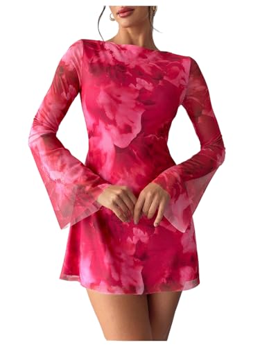 Milumia Women's Floral Bell Long Sleeve Mini Dress Boat Neck Mesh Short Dresses