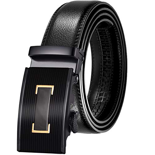 Image of JINIU Men's Ratchet Belt Buckle, Black Genuine Leather Slide Belt for Men Dress Suit, Micro Adjustable Trim to Fit Boxed