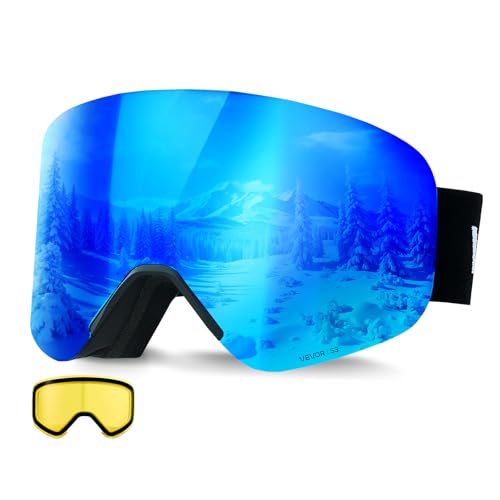 VEVOR Frameless Ski Goggles, Magnet Cylindrical Lens with Dark Blue Revo Coating, OTG Anti fog Snow...