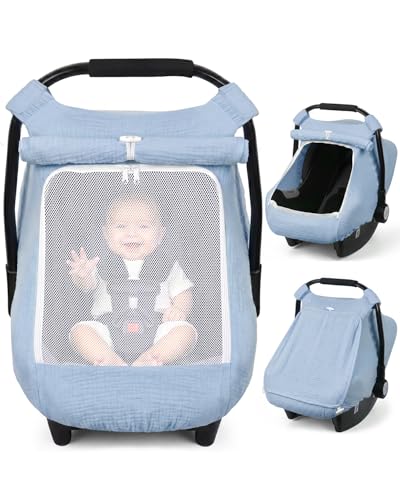 Image of Rquite Car Seat Cover Baby Girl Boy, 100% Muslin Cotton Carseat Covers, Breathable Infant Windproof Canopy with Mesh Window, Stroller Sun Shade for Summer & Hot Day, Baby Blue