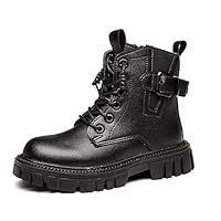 Girls Ankle Boots With Buckle Kids Lace Up Design Side Zipper Black Chelsea Boots Fall Winter Riding Combat Boot for Girls Fashion Casual Durable Leather Booties