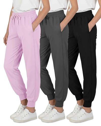 Real Essentials 3 Pack: Girls' Dry-Fit Jogger Sweatpants - Kids Teens Running Athletic Pants with Pockets -Set 4, M (10/12)