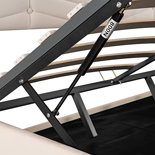 Merax Polsterbett 160x200cm mit Lattenrost und Verstellbares Kopfteil, Doppelbett mit Stauraum, Hydraulisches Funktionsbett für Erwachsene & Jugend, Samtstoff, Beige (Ohne Matratze) – Bild 8