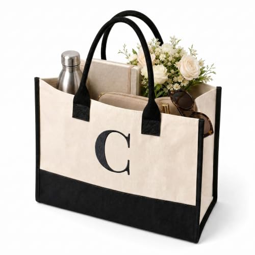 Image of Salt Earth Canvas Tote Bag for Women, Personalized Initial Monogram Tote, Beach Grocery Utility Tote for Travel & Work