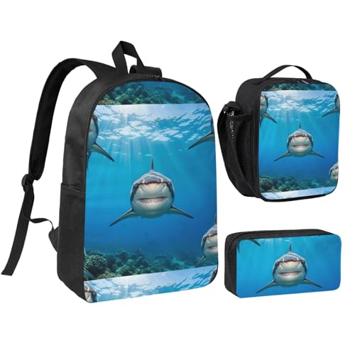 Lightweight Backpack For Unisex Backpack With Insulated Lunch Tote & Pencil Case Set (for Ocean Animals Sea Shark)