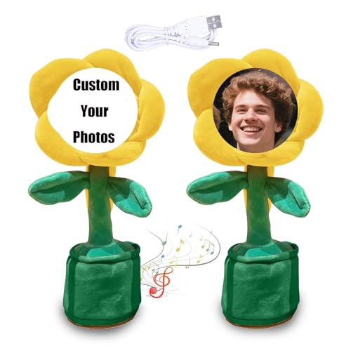 Personalized Dancing Talking Flower with Custom Face, Custom Singing Dancing Talking Sunflower Toy with Voice Recording, Interactive DIY Gift for Birthday Festival (Yellow(USB&Bluetooth))