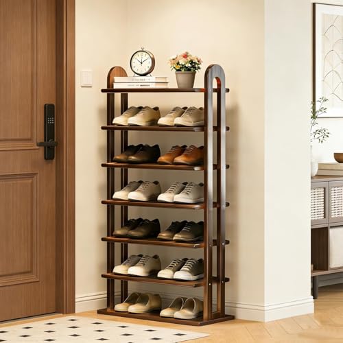 Image of 7 Tier Shoe Rack for Closet - Vertical Shoe Rack Free for Small Space - Standing Wood Shoe Shelf Storage Organizer for Entryway, New Walnut