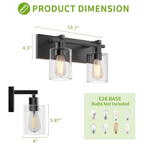Image of Bathroom Light Fixtures Over Mirror, 2-Light Modern Matte Black Bathroom Vanity Light, Wall Lights with Clear Glass Shade, Living Room, Bedroom, Hallway, E26 Base