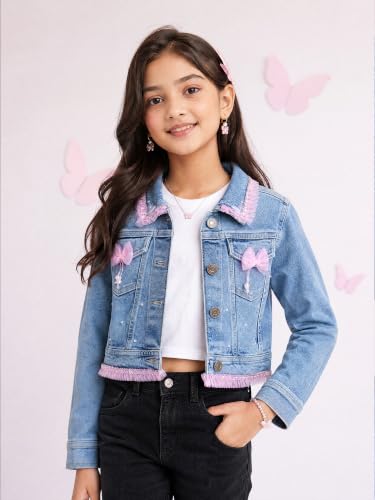 Image of Girls Full Sleeve Solid Crop Denim Jacket