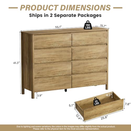 Image of Furniway 3 Piece Bedroom Set, 8 Drawer Dresser and Nightstands, Natural Oak