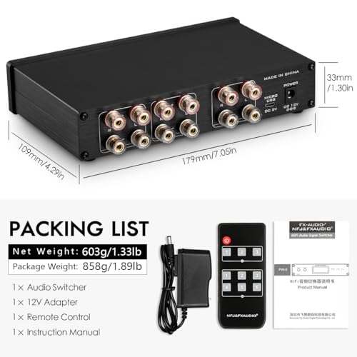 Nobsound Audio Splitter Umschaltbox: 2-kierunkowy przełącznik głośników/wzmacniaczy z pilotem, 300W hub HiFi do testów A/B – Złocone złącza i aluminiowa obudowa (zasilany DC 12 V/USB)