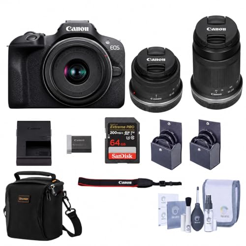 Image of Canon EOS R100 Mirrorless Camera with RF-S 18-45mm & 55-210mm is STM Lenses, 24.1MP APS-C Sensor, 4K Video, DIGIC 8, Dual Pixel CMOS AF, Bundle with 64GB Card, Lens Case, 1-Year Warranty
