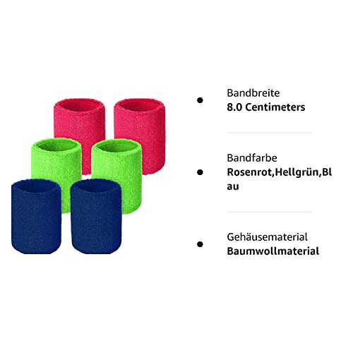 Foto von Schweissband Schweißband Handgelenk,6 Stück Absorbierende Schweißbänder Handgelenk Sport Wristbands Gym Armband Wrist Wraps für Männer Damen (Rosenrot*2, Hellgrün*2, Blau*2)