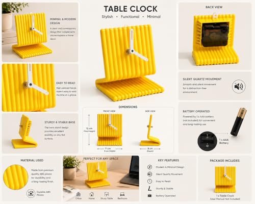 Image of CORAL TREE Modern Bent Chair Style Table Clock | Premium Decorative Desk Clock | Silent Analog Table Clock | Contemporary Home & Office Decor | Yellow