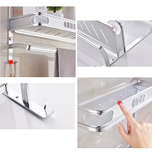 Estantería de baño Sin taladrar Estante de Ducha con toallero Estantes de Ducha Montado en la Pared con Gancho Adhesivo Espacio Aluminio para baño Inodoro-Plata_2 Piso 49.5cm